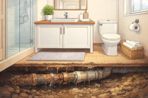 リフォームされた洗面所の下にある劣化した排水管